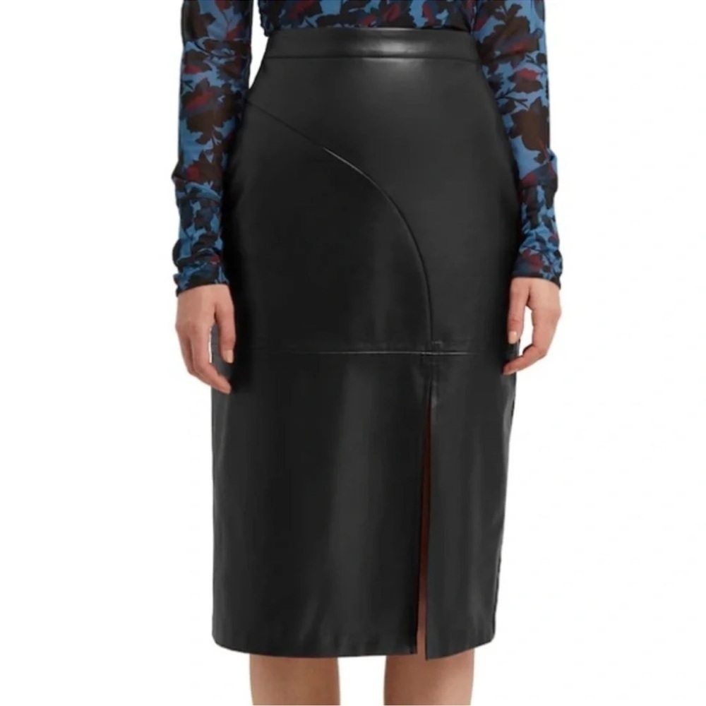 H BY HALSTON Black Paneled Faux Leather Skirt Size Large Midi Length